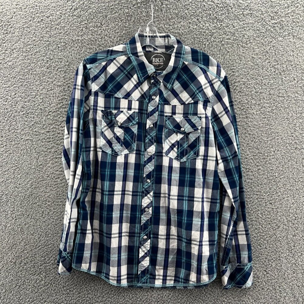 Bke Pearl Snap Shirt Mens Medium Long Sleeve Blue Plaid Western Cowboy Standard